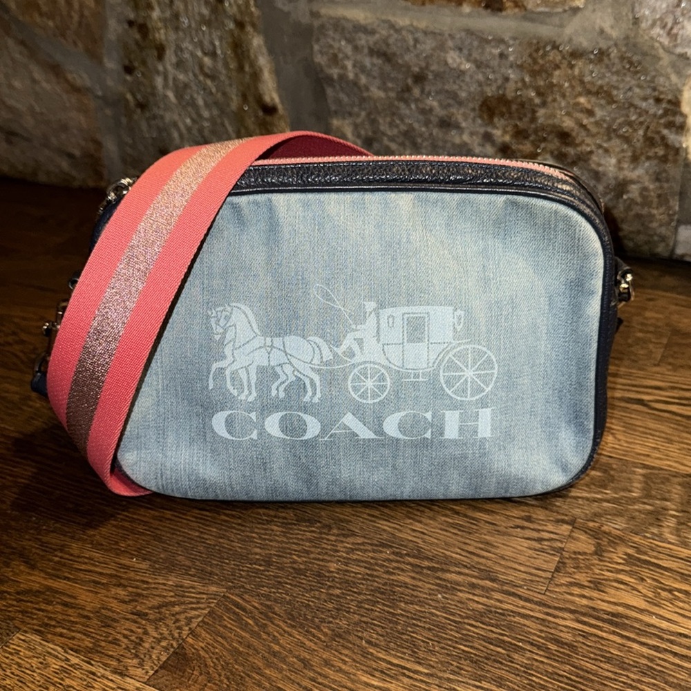 Authentic Coach Blue Denim crossbody Bag with Coral Strap - Picture 5 of 17